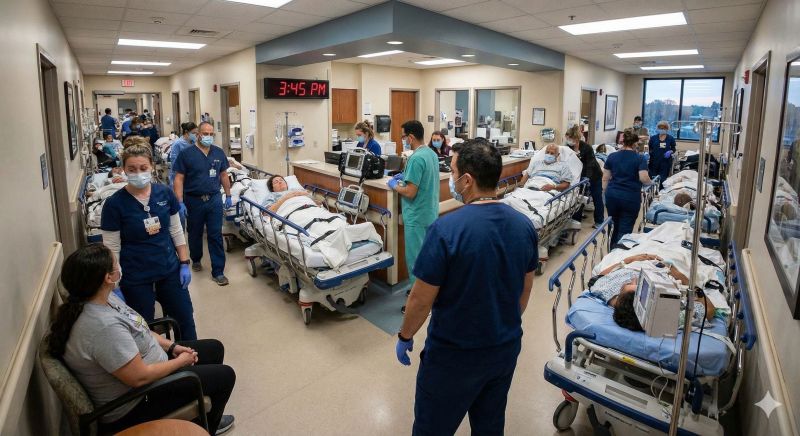 Hospital hallway with stretchers